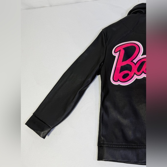Barbie Girls Faux Leather Jacket Black Pink Logo Moto Biker Coat Size 4T - Picture 6 of 13